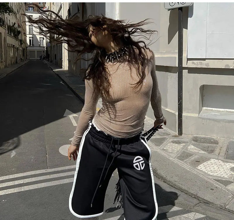 GACVGA Sexy See-Through Women T-shirt Hollow Out Long Sleeve Y2K Nude Sequin New Arrivals Pullover Top Female Slim Streetwear