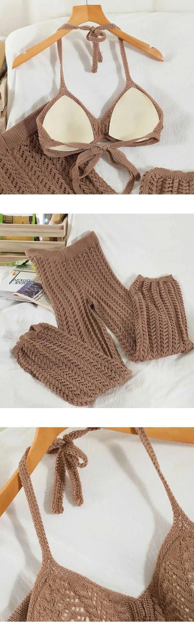 DEAT Women Knitting Sling Nackless Sexy Bra Long Pants New Arrivals Two Piece Set Temperament Fashion Autumn Summer 2024 11D846