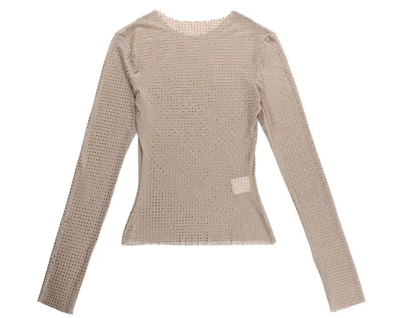 GACVGA Sexy See-Through Women T-shirt Hollow Out Long Sleeve Y2K Nude Sequin New Arrivals Pullover Top Female Slim Streetwear
