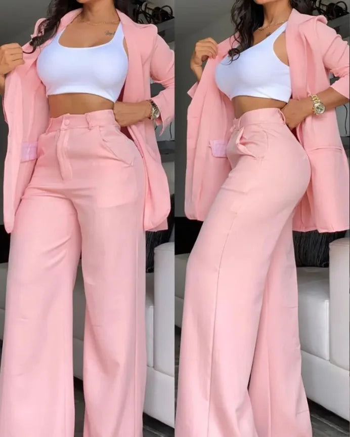 New Arrivals Temperament Spring Women's Clothing Pure Color Elegant Long-Sleeved Lapel Suit Pocket Straight-Leg Pants Suit
