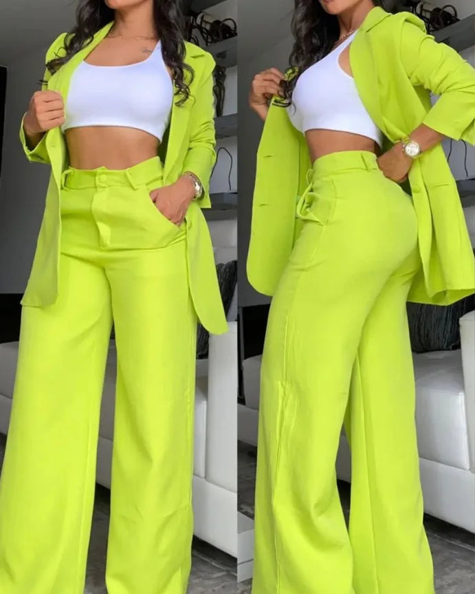 New Arrivals Temperament Spring Women's Clothing Pure Color Elegant Long-Sleeved Lapel Suit Pocket Straight-Leg Pants Suit