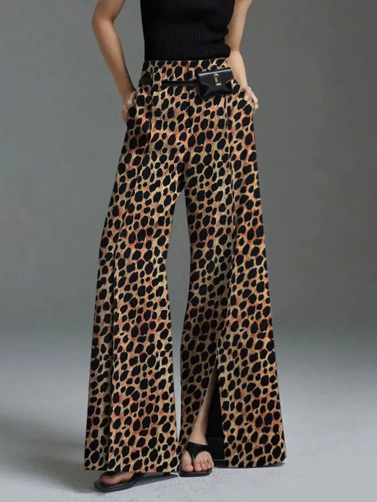 UOOZEE Women High Street Leopard Printed Pants 2025 New Arrivals Casual Loose Split-Front High-Waist Wide Leg Trousers Bottoms