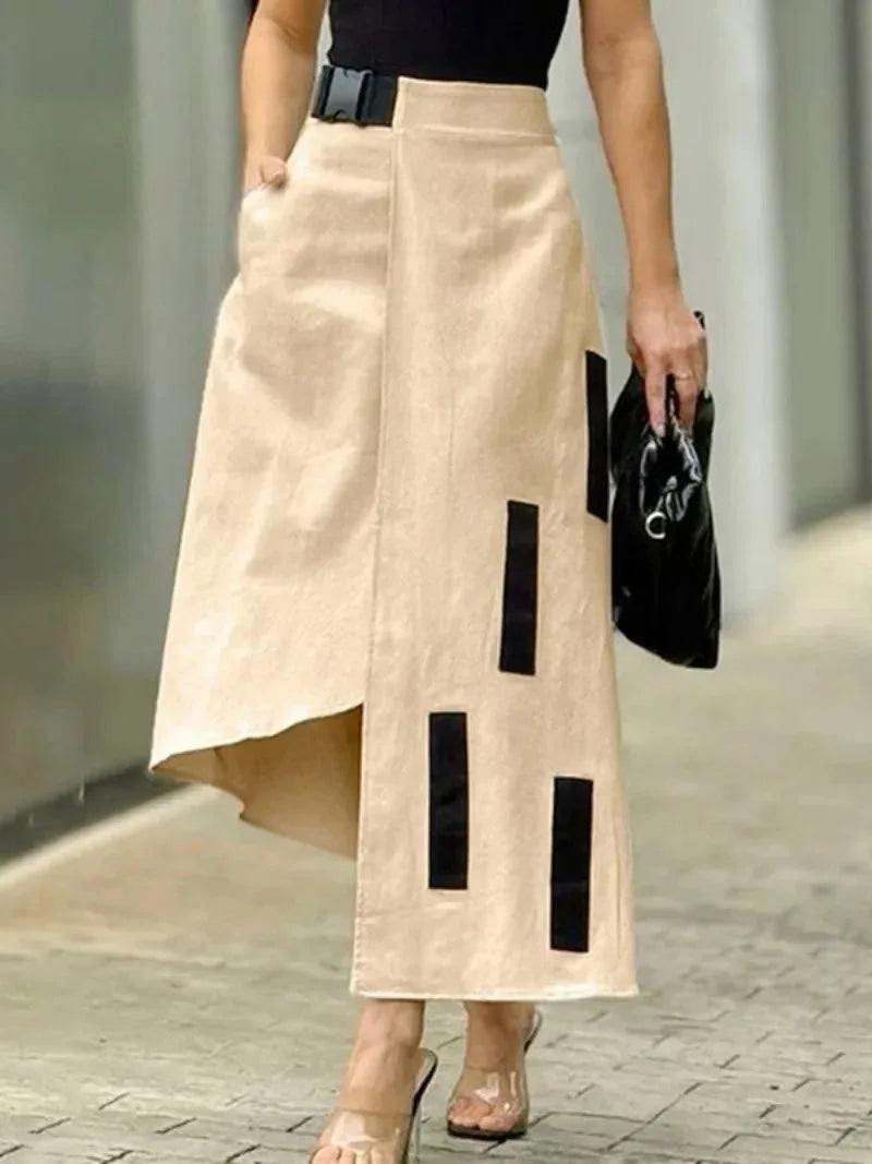 UOOZEE Women's Fashion Asymmetrical A-Line Skirts 2025 New Arrivals Split-Joint Pockets Loose Elastic High Waist Skirt Bottoms