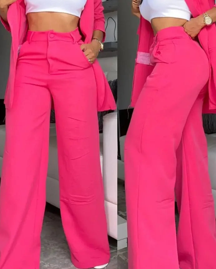 New Arrivals Temperament Spring Women's Clothing Pure Color Elegant Long-Sleeved Lapel Suit Pocket Straight-Leg Pants Suit