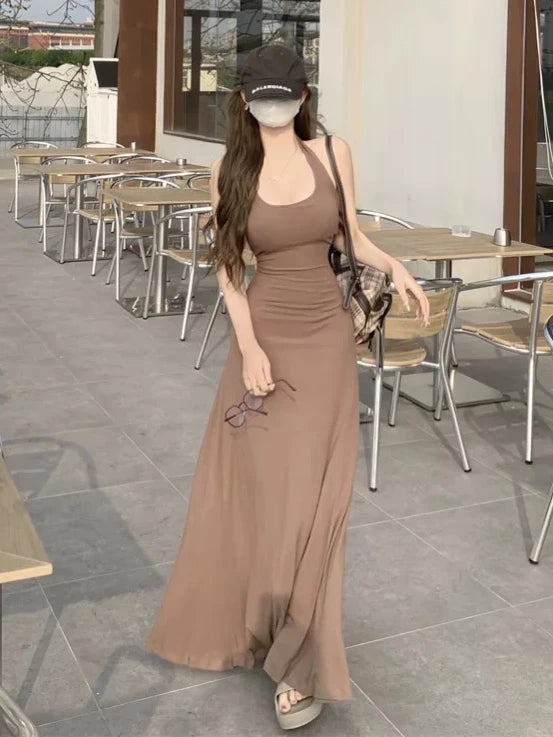 Women Dresses Backless Chic Sleeveless Summer Solid Slim Abdomen Mature Skinny American Style Retro Leisure Sexy Girls Trendy
