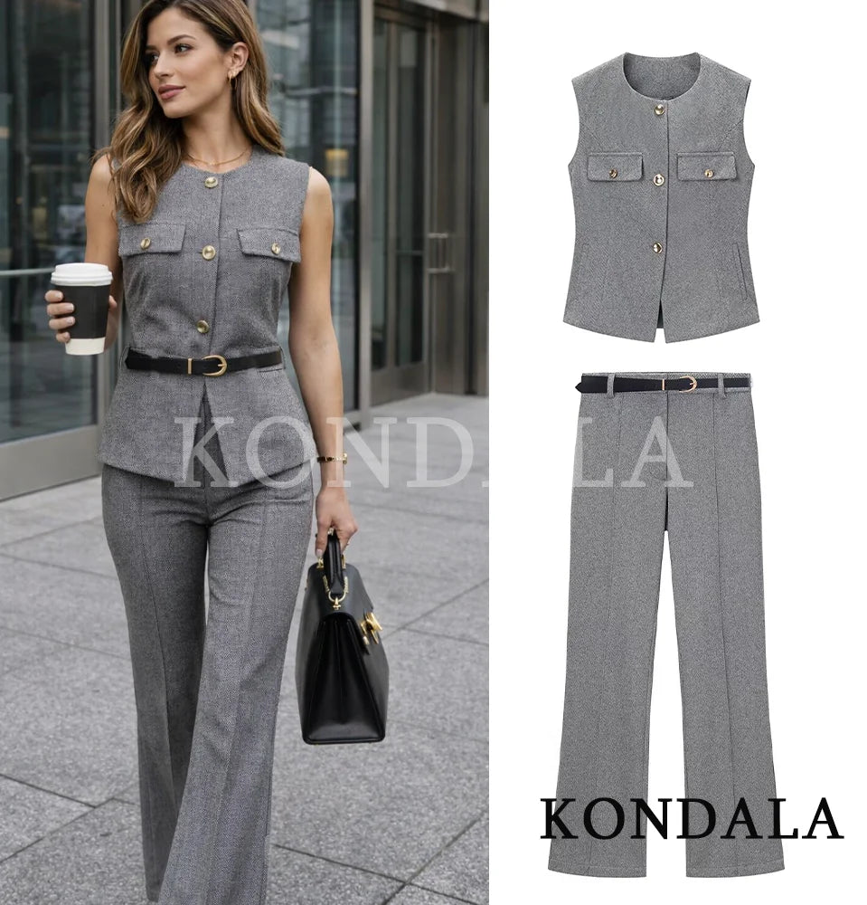 KONDALA Elegant Commute Belt Pants Set Women Urban Office Sleeveless Vest,Belted Pants 2 Pieces Set 2026 Spring Trendy Pants Set