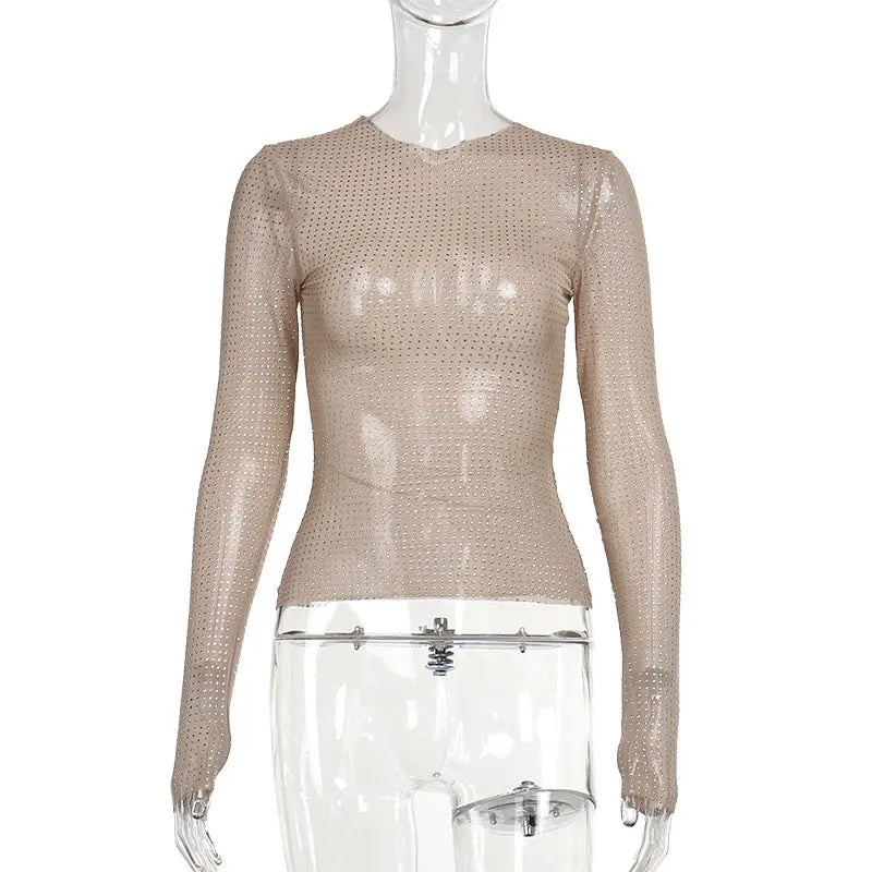 GACVGA Sexy See-Through Women T-shirt Hollow Out Long Sleeve Y2K Nude Sequin New Arrivals Pullover Top Female Slim Streetwear