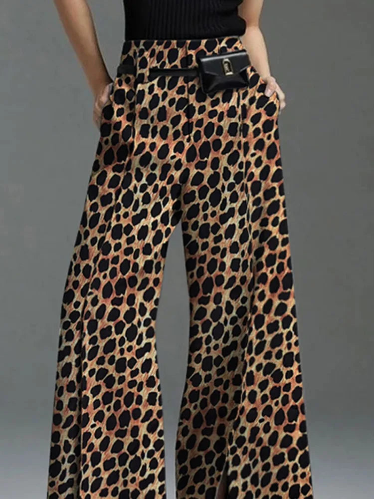 UOOZEE Women High Street Leopard Printed Pants 2025 New Arrivals Casual Loose Split-Front High-Waist Wide Leg Trousers Bottoms