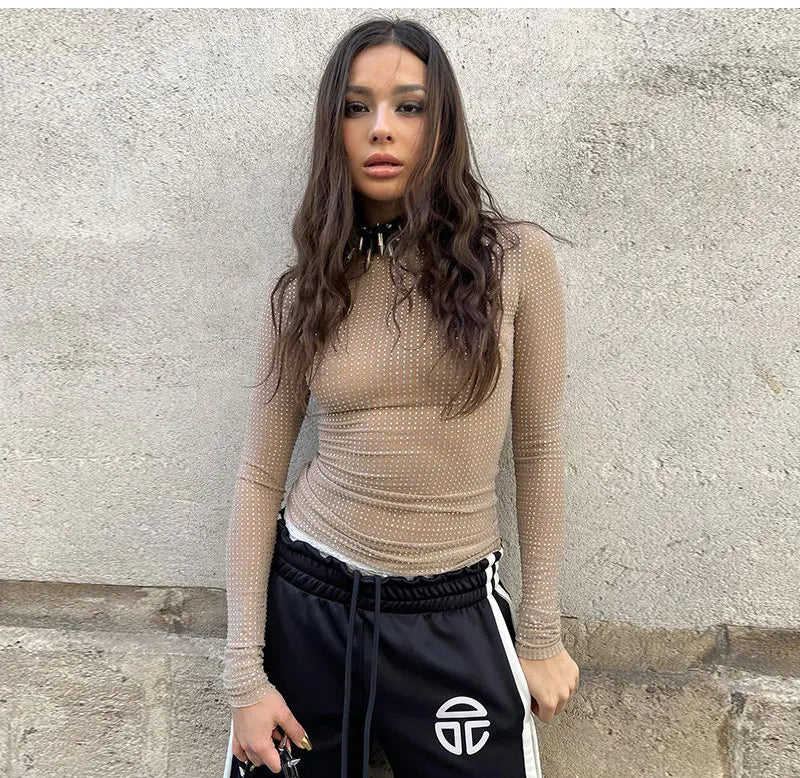 GACVGA Sexy See-Through Women T-shirt Hollow Out Long Sleeve Y2K Nude Sequin New Arrivals Pullover Top Female Slim Streetwear