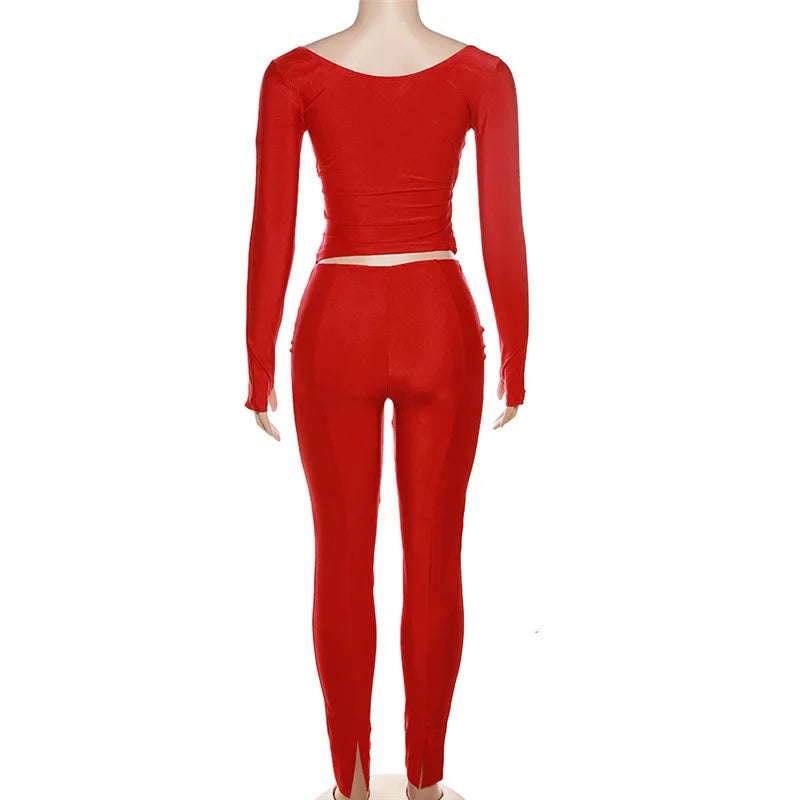 Three Sisters New Arrivals Autumn Winter Fashion Casual Home Solid Color Long Sleeve V-neck Ladies Two Piece Sets Pantsuits