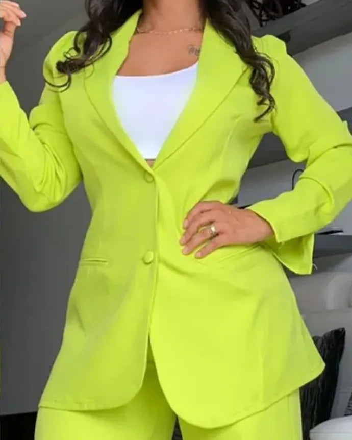 New Arrivals Temperament Spring Women's Clothing Pure Color Elegant Long-Sleeved Lapel Suit Pocket Straight-Leg Pants Suit