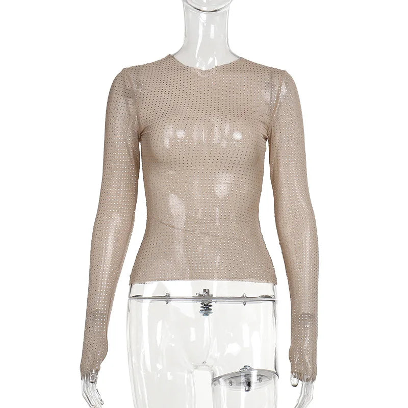GACVGA Sexy See-Through Women T-shirt Hollow Out Long Sleeve Y2K Nude Sequin New Arrivals Pullover Top Female Slim Streetwear
