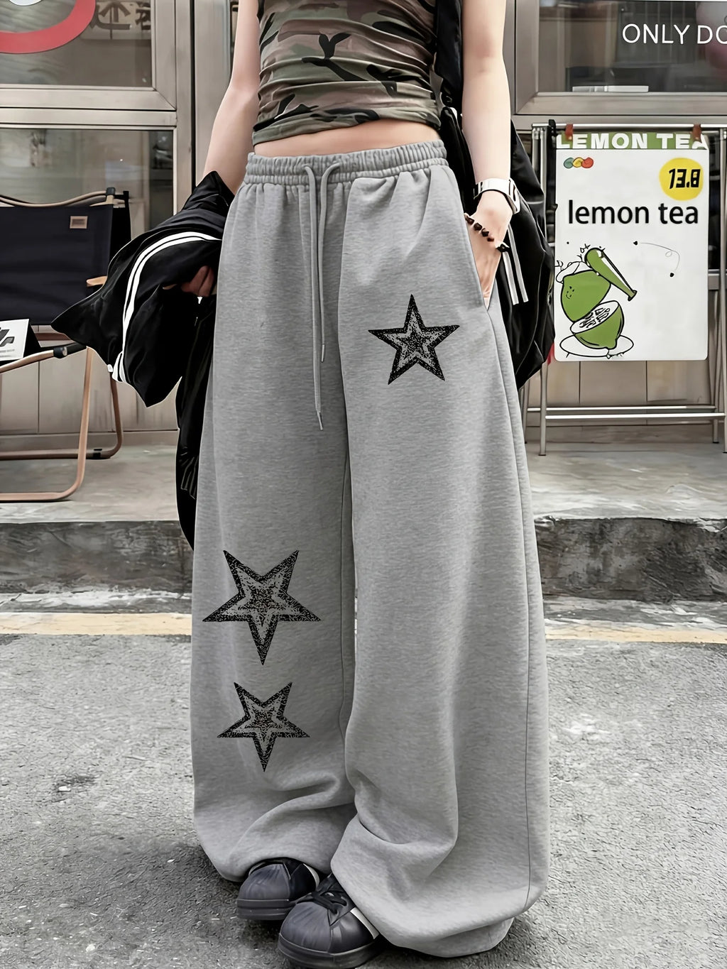 Women's Street Style Casual Sweatpants with Star Print New Arrivals for Spring Fleece Loose Fit Streetwear Oversized