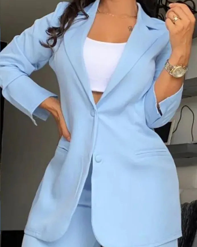New Arrivals Temperament Spring Women's Clothing Pure Color Elegant Long-Sleeved Lapel Suit Pocket Straight-Leg Pants Suit