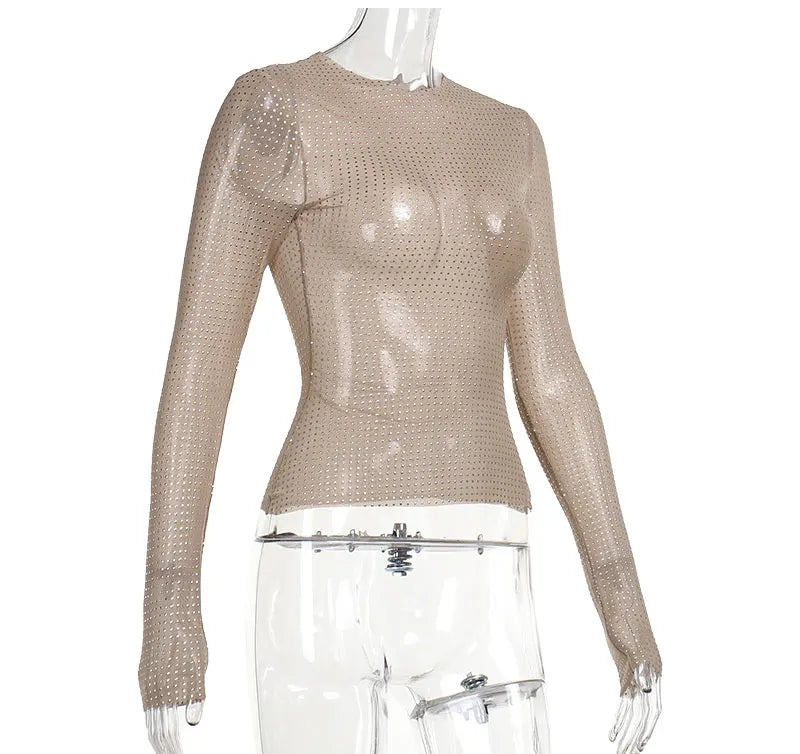 GACVGA Sexy See-Through Women T-shirt Hollow Out Long Sleeve Y2K Nude Sequin New Arrivals Pullover Top Female Slim Streetwear
