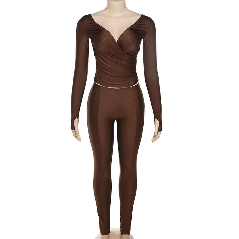 Three Sisters New Arrivals Autumn Winter Fashion Casual Home Solid Color Long Sleeve V-neck Ladies Two Piece Sets Pantsuits