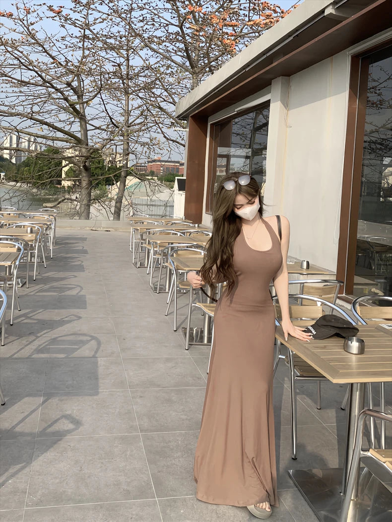 Women Dresses Backless Chic Sleeveless Summer Solid Slim Abdomen Mature Skinny American Style Retro Leisure Sexy Girls Trendy
