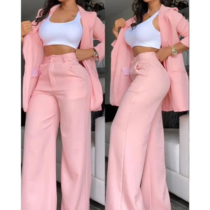 New Arrivals Temperament Spring Women's Clothing Pure Color Elegant Long-Sleeved Lapel Suit Pocket Straight-Leg Pants Suit
