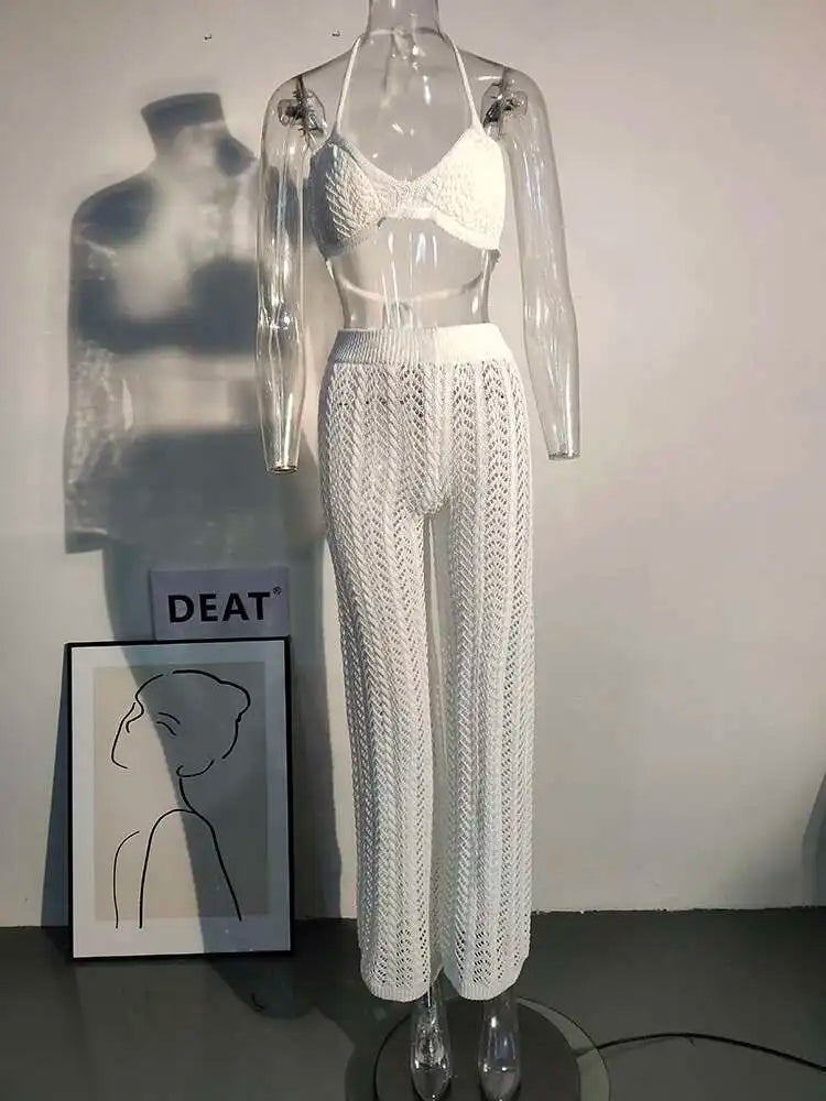 DEAT Women Knitting Sling Nackless Sexy Bra Long Pants New Arrivals Two Piece Set Temperament Fashion Autumn Summer 2024 11D846