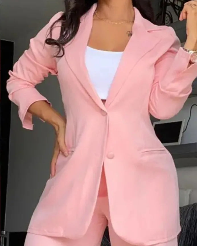 New Arrivals Temperament Spring Women's Clothing Pure Color Elegant Long-Sleeved Lapel Suit Pocket Straight-Leg Pants Suit