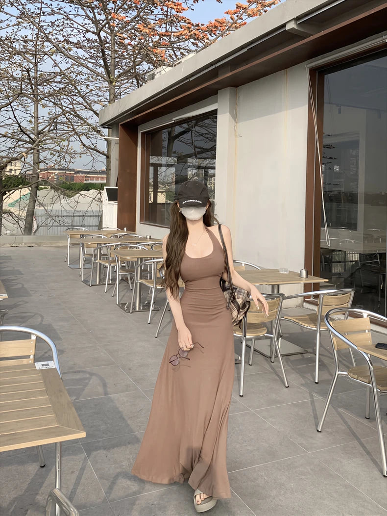Women Dresses Backless Chic Sleeveless Summer Solid Slim Abdomen Mature Skinny American Style Retro Leisure Sexy Girls Trendy
