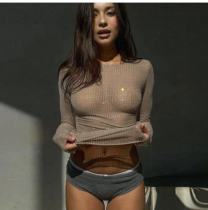 GACVGA Sexy See-Through Women T-shirt Hollow Out Long Sleeve Y2K Nude Sequin New Arrivals Pullover Top Female Slim Streetwear