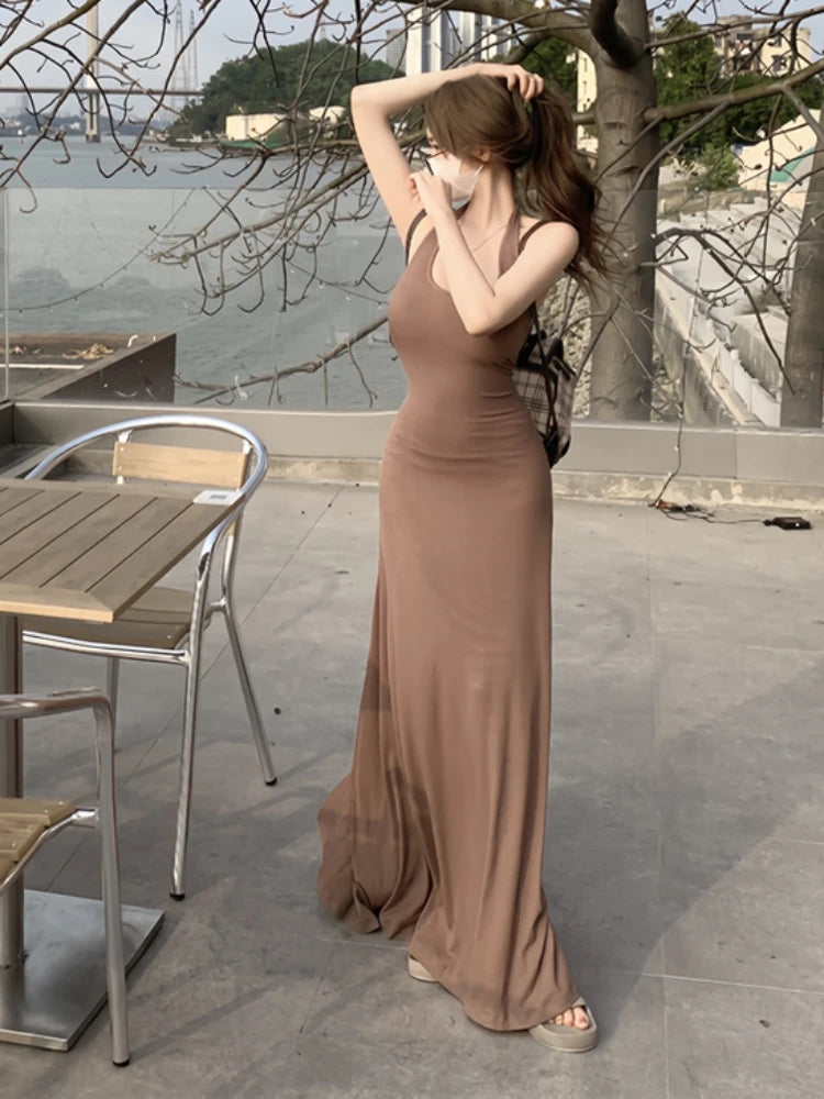 Women Dresses Backless Chic Sleeveless Summer Solid Slim Abdomen Mature Skinny American Style Retro Leisure Sexy Girls Trendy
