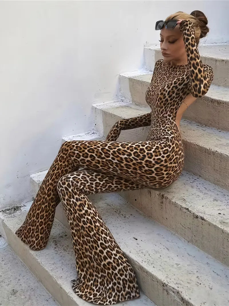 Sexy Leopard Print Slim Jumpsuits  Women Trendy Backless Tight Long Sleeve Jumpsuit Hot Girl Clothing Fashion Streetwear 2025
