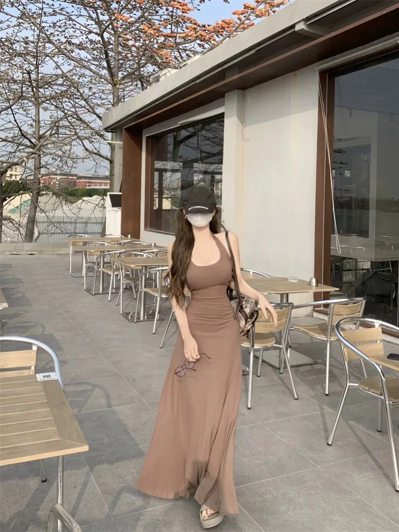 Women Dresses Backless Chic Sleeveless Summer Solid Slim Abdomen Mature Skinny American Style Retro Leisure Sexy Girls Trendy