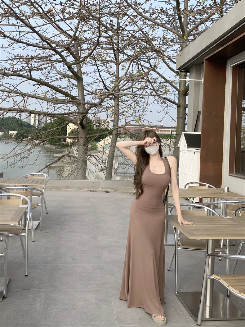 Women Dresses Backless Chic Sleeveless Summer Solid Slim Abdomen Mature Skinny American Style Retro Leisure Sexy Girls Trendy