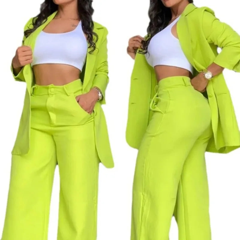 New Arrivals Temperament Spring Women's Clothing Pure Color Elegant Long-Sleeved Lapel Suit Pocket Straight-Leg Pants Suit