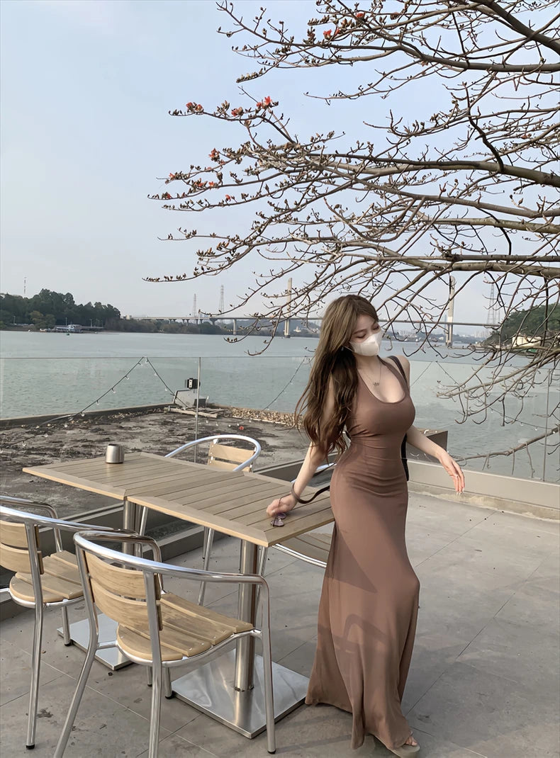 Women Dresses Backless Chic Sleeveless Summer Solid Slim Abdomen Mature Skinny American Style Retro Leisure Sexy Girls Trendy