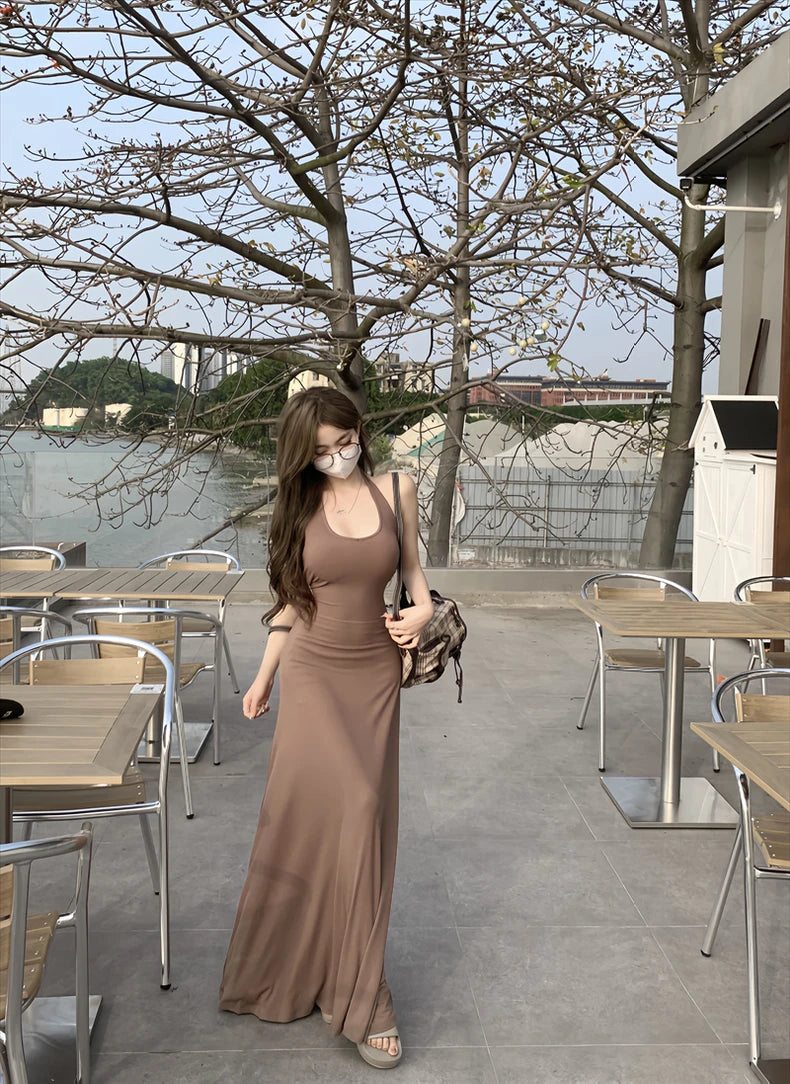 Women Dresses Backless Chic Sleeveless Summer Solid Slim Abdomen Mature Skinny American Style Retro Leisure Sexy Girls Trendy