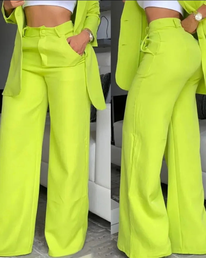 New Arrivals Temperament Spring Women's Clothing Pure Color Elegant Long-Sleeved Lapel Suit Pocket Straight-Leg Pants Suit