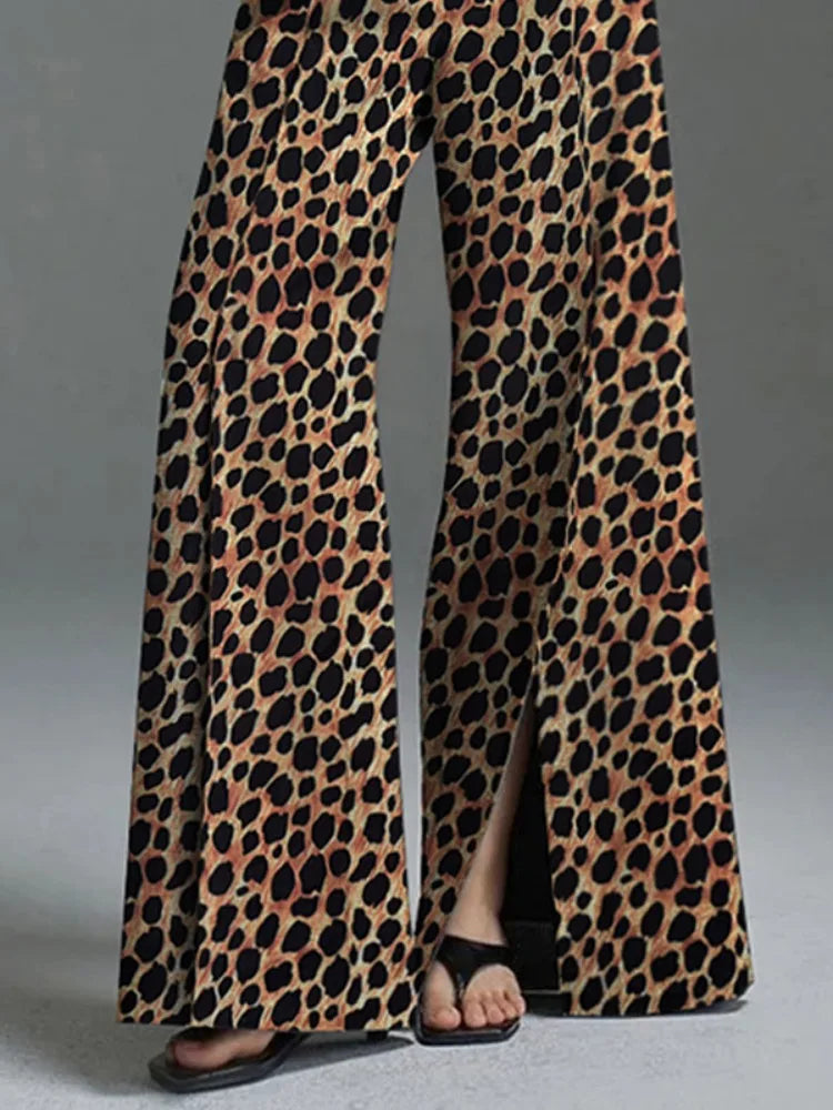 UOOZEE Women High Street Leopard Printed Pants 2025 New Arrivals Casual Loose Split-Front High-Waist Wide Leg Trousers Bottoms