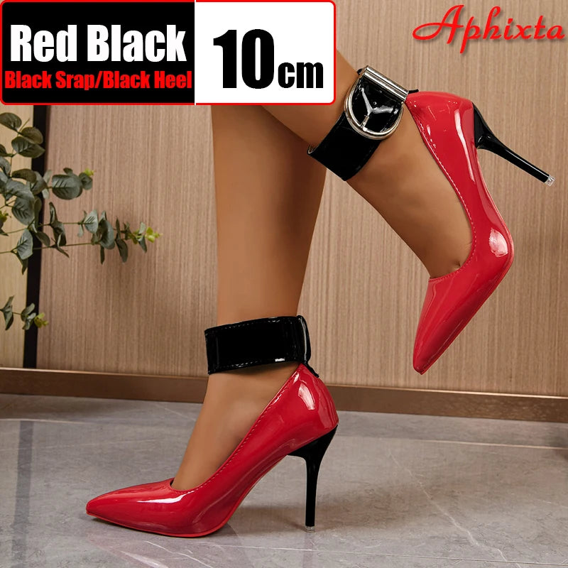 Aphixta New Arrivals 4cm Strap Metal Belt Buckle 10cm Stiletto Heels Pumps Women Party Shoes Red Black Pointed Toe Big Size 53