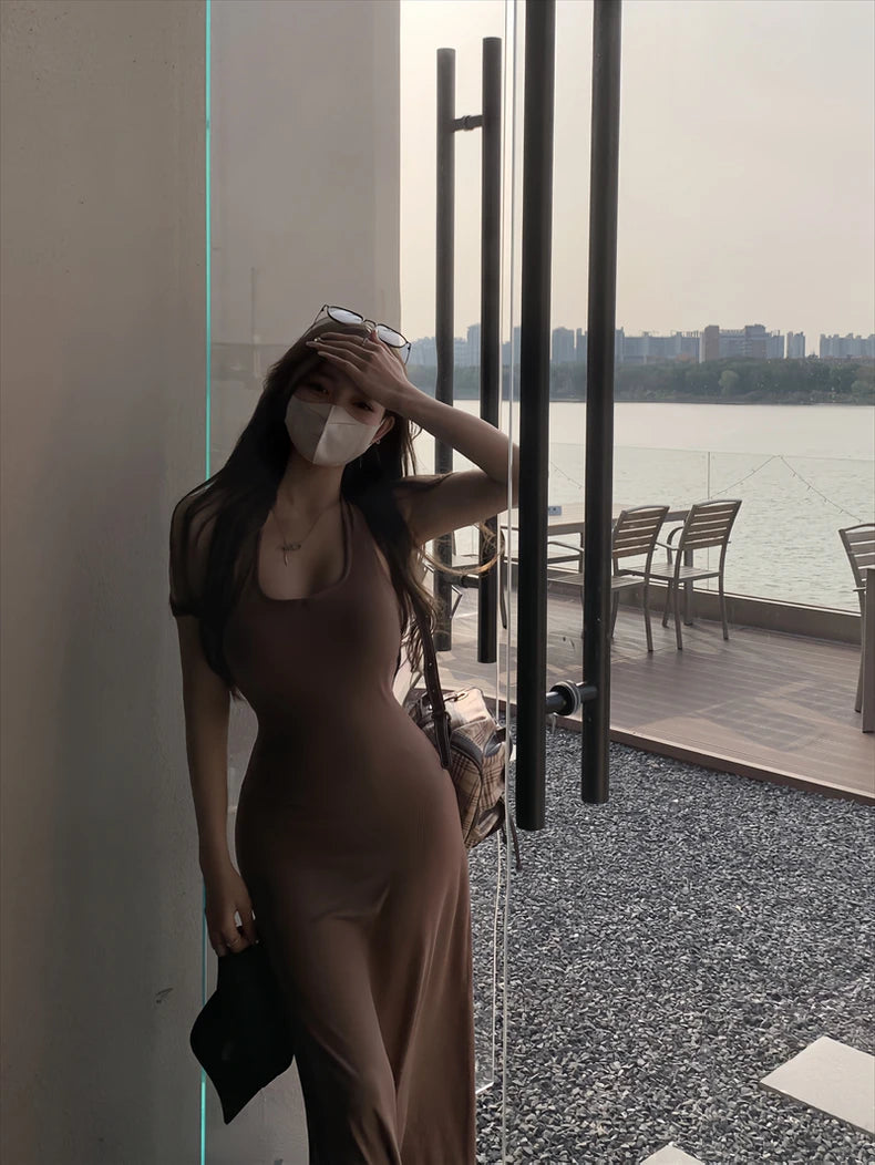 Women Dresses Backless Chic Sleeveless Summer Solid Slim Abdomen Mature Skinny American Style Retro Leisure Sexy Girls Trendy