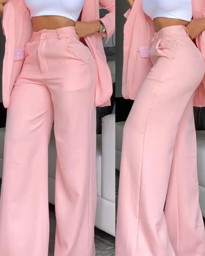 New Arrivals Temperament Spring Women's Clothing Pure Color Elegant Long-Sleeved Lapel Suit Pocket Straight-Leg Pants Suit