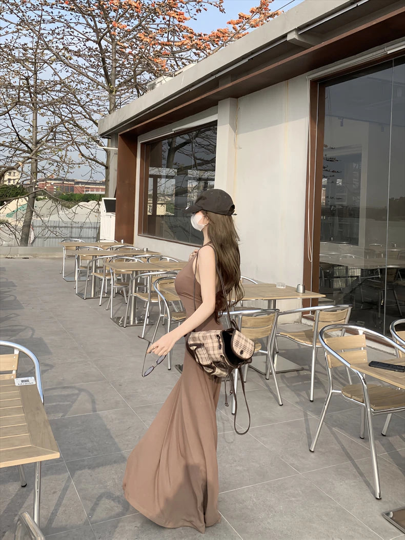 Women Dresses Backless Chic Sleeveless Summer Solid Slim Abdomen Mature Skinny American Style Retro Leisure Sexy Girls Trendy